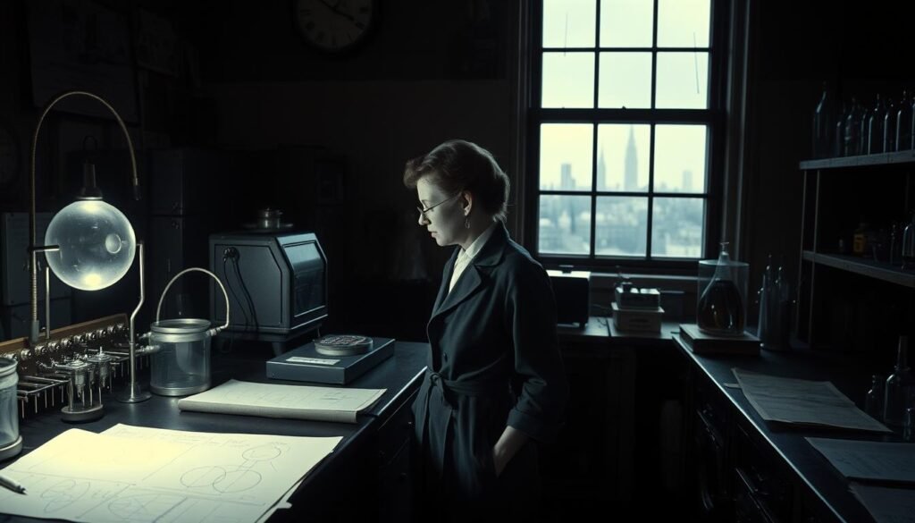 A dimly lit laboratory in 1930s Berlin, Lise Meitner, a brilliant physicist, stands before a complex apparatus, deep in thought. The room is filled with the glow of instruments and the hum of scientific equipment. On the desk, detailed sketches and calculations reveal her work on the mysteries of nuclear fission. Through the window, the city skyline is visible, a backdrop to Meitner's groundbreaking research. The scene is one of intense focus, where the pursuit of scientific knowledge and the drive to unlock the secrets of the atom are palpable. The image captures the essence of Meitner's pivotal Berlin years, a time when her pioneering work laid the foundations for our understanding of nuclear physics.