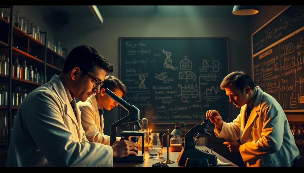 A dimly lit laboratory in the 1950s, the air thick with anticipation. In the foreground, scientists in crisp white coats lean over a microscope, their faces etched with concentration as they study the intricate double helix of a DNA sample. Mid-ground, shelves of glass beakers and test tubes cast long shadows, the glow of Bunsen burners casting an amber hue. In the background, a sprawling chalkboard is covered in scribbled equations and diagrams, a testament to the intense intellectual pursuit of understanding the building blocks of life. The scene is bathed in a warm, vintage-inspired lighting, evoking the sense of a pivotal moment in the history of scientific discovery.