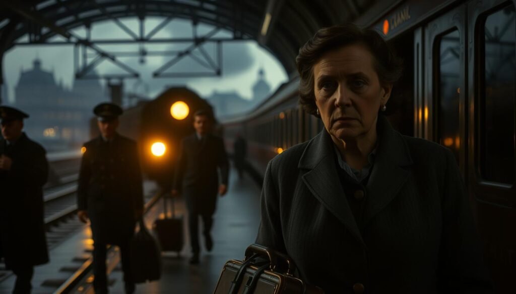 A dimly lit, moody scene of Lise Meitner's dramatic escape from Nazi Germany in the late 1930s. In the foreground, Meitner, a middle-aged woman with determined features, hurries through a shadowy train station, suitcase in hand. The middle ground captures the tension of her surroundings - fellow passengers, suspicious Nazi officials, and the faint glow of a departing locomotive. In the background, an ominous, gray cityscape fades into the distance, hinting at the dangers she leaves behind. The lighting is low-key, casting dramatic shadows and imbuing the scene with a sense of urgency and peril. The camera angle is slightly low, emphasizing Meitner's bravery and the precariousness of her escape to safety and continued scientific work in exile.