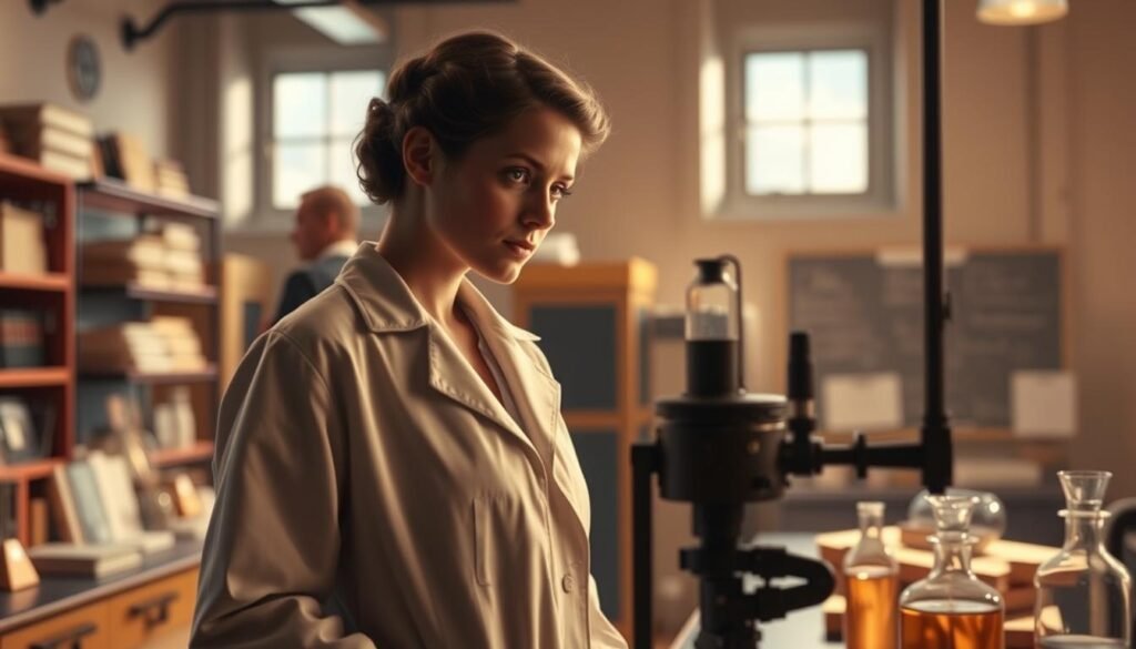 Lise Meitner, a young woman in a white laboratory coat, stands confidently in a well-lit academic setting, gazing intently at a scientific apparatus. Beakers, books, and chalkboards fill the background, creating a sense of intellectual rigor. The scene conveys Meitner's determination and pioneering spirit as she embarks on her groundbreaking research, overcoming societal barriers to become a respected nuclear physicist. Soft, warm lighting casts a contemplative mood, highlighting Meitner's focus and her commitment to unlocking the secrets of the atom.