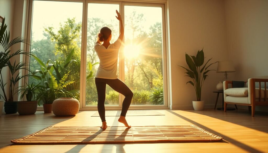A brightly lit, energetic morning scene. In the foreground, a person performing dynamic yoga poses on a bamboo mat, their limbs flowing with graceful movement. Midground, a sunlit window overlooking a lush, verdant garden, casting warm, golden light. In the background, minimal, clean-lined furniture and decor, creating a serene, minimalist ambiance. The overall mood is one of renewal and vitality, capturing the essence of an invigorating morning exercise routine. Crisp, high-resolution photography, with a wide-angle lens to showcase the full scene. The resulting image should inspire and motivate the viewer to embrace a revitalizing morning ritual.