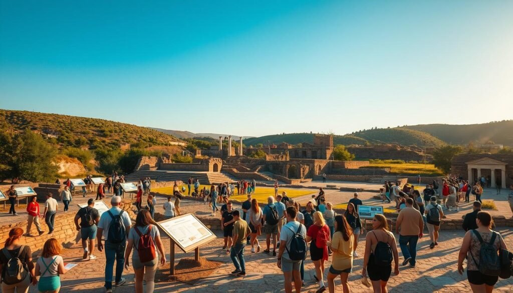 A bustling heritage site in warm, golden light. In the foreground, a group of visitors responsibly exploring the ancient ruins, treading carefully on designated pathways. In the middle ground, educational signage and informative displays engage them, conveying the site's historical significance. The background reveals the site's natural surroundings - lush vegetation, rolling hills, and a clear blue sky. The scene exudes a sense of harmony between human activity and the preservation of this cultural treasure. A 50mm lens captures the balanced composition, highlighting the collaborative effort of sustainable tourism and heritage conservation.