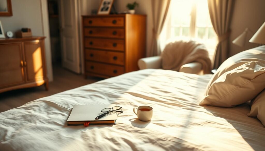 A cozy and inviting bedroom setting, bathed in the soft, warm glow of morning light streaming through the window. In the foreground, a neatly made bed with crisp, white linens and a plush duvet. On the bedside table, a well-organized arrangement of personal care items - a small notebook, a pen, a cup of tea, and a pair of reading glasses. In the middle ground, a comfortable armchair with a fluffy throw blanket draped over the back, signifying a peaceful and contemplative space. The background features a wooden dresser with a few carefully curated personal items, such as a small plant and a framed photograph. The overall atmosphere conveys a sense of intentionality, mindfulness, and a tailored morning routine that sets the tone for a productive and rejuvenating day.
