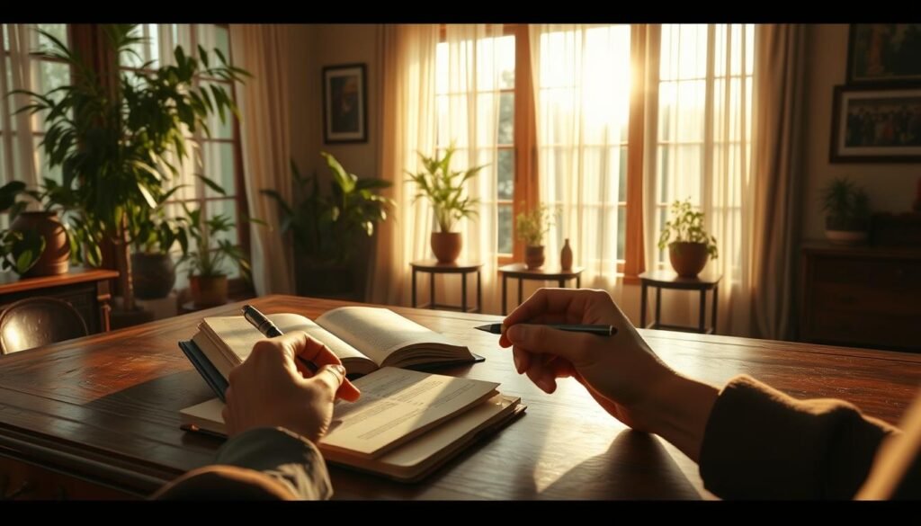 A cozy, sun-dappled study with a large, wooden desk positioned near a wide window. On the desk, an open book, a fountain pen, and a leather-bound journal sit atop a stack of papers. The warm, golden light filters through the sheer curtains, casting a soft glow on the scene. In the foreground, a pair of hands, one holding the pen, the other turning a page, engaged in the tranquil act of reading and writing. The background features lush, potted plants and a wall adorned with framed artwork, conveying a sense of intellectual and creative inspiration. The atmosphere is one of quiet focus and peaceful productivity.