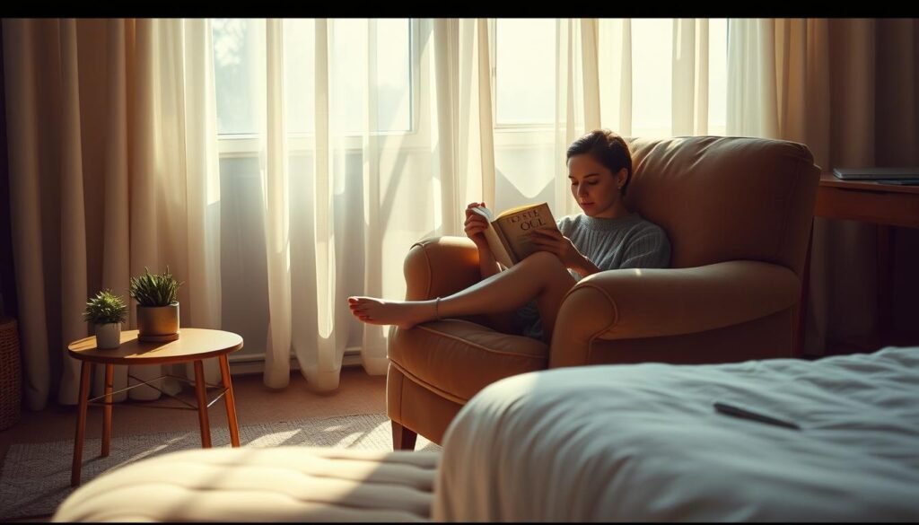 A cozy, sun-drenched bedroom where an introvert's morning routine unfolds. In the foreground, a person sits cross-legged on a plush, oversized armchair, sipping a steaming mug of tea and perusing the pages of a well-worn book. Soft, diffused light filters through sheer curtains, casting a warm glow on the scene. In the middle ground, a wooden side table holds a small succulent and a pair of noise-cancelling headphones, while a minimalist desk in the background showcases a laptop, a journal, and a pen resting on a tidy surface. The overall atmosphere is one of tranquility, mindfulness, and a sense of personal retreat, reflecting the unique morning rituals of an introspective individual.
