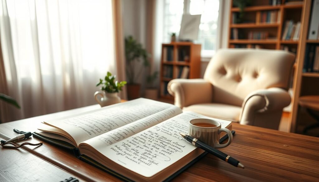 A cozy, well-lit home office with soft, diffused natural light filtering through sheer curtains. On a wooden desk, an open journal with handwritten entries, accompanied by a fountain pen, a small plant, and a cup of steaming tea. The journal's pages are filled with introspective thoughts, doodles, and color-coded sections, reflecting a personalized journaling practice. In the background, bookshelves line the walls, creating a warm and contemplative atmosphere. A plush, oversized armchair stands invitingly, suggesting a space for quiet reflection. The overall scene evokes a sense of mindfulness, introspection, and a connection with one's inner self.