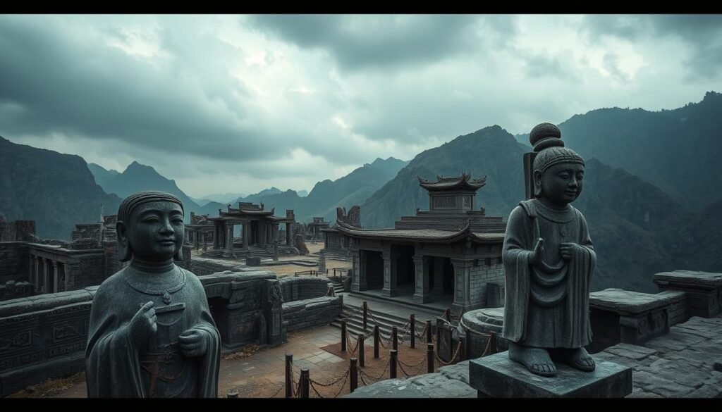 A hauntingly beautiful archaeological site nestled amidst the rugged mountains of China. In the foreground, ancient stone statues and carved reliefs stand as silent sentinels, their weathered faces bearing witness to the passage of time. The middle ground reveals the crumbling ruins of ancient structures, their ornate details and intricate designs hinting at a rich cultural heritage. In the background, a moody, overcast sky casts a somber glow, creating an atmosphere of melancholy and fragility. The scene conveys a sense of the urgent need to preserve these endangered treasures, lest they be lost to the ravages of neglect and the elements. Soft, natural lighting accentuates the textures and weathered surfaces, while a wide-angle lens captures the scale and grandeur of this historically significant site.