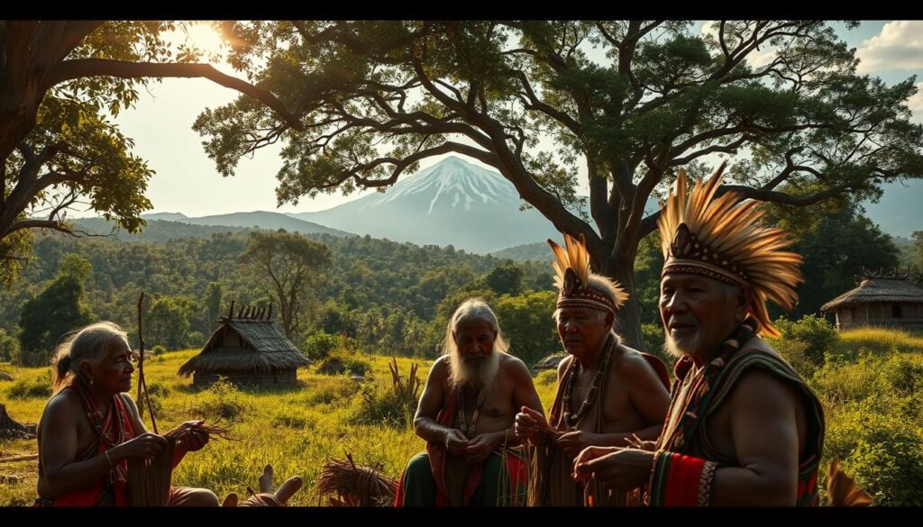 A lush, verdant landscape unfolds, dotted with traditional thatched-roof dwellings. In the foreground, a group of indigenous elders gather, their weathered faces etched with determination as they tend to intricate weavings and carvings, preserving their cultural heritage. Sunlight filters through the canopy of ancient trees, casting a warm, golden glow that accentuates the vibrant hues of their intricate textiles and regalia. In the distance, a towering mountain range rises, its peaks capped with snow, a testament to the enduring resilience of this Indigenous community. The scene conveys a sense of timelessness, where the old ways coexist with the natural world, a delicate balance that must be protected for generations to come.