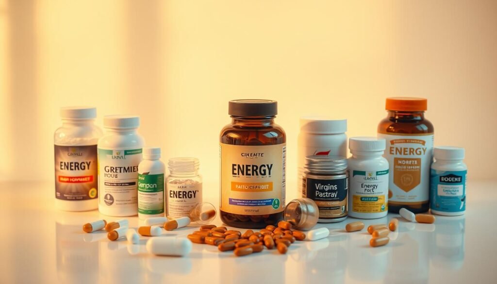 A neatly arranged display of various energy-boosting supplements, including bottles of vitamins, capsules, and powder supplements. The scene is brightly lit, with warm, golden tones creating a sense of vitality and wellness. The supplements are presented on a clean, minimalist surface, allowing the products to take center stage. The overall composition is balanced and visually appealing, conveying a sense of professionalism and attention to detail that would be suitable for a product recommendation section in a lifestyle article.