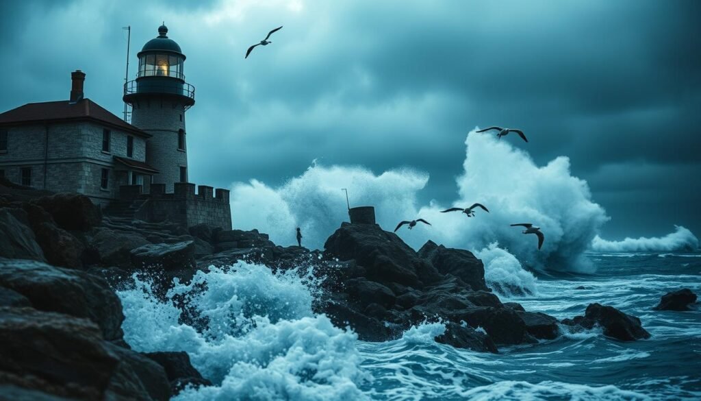 A rugged coastline under a stormy sky, historic lighthouses weathering the relentless waves. Churning seas crash against the rocks, their beams of light cutting through the gloom. Seabirds swirl in the turbulent air, as towering waves threaten to engulf the structures. Weathered stone and wrought iron stand resolute, but the ravages of time and climate are etched in their facades. Dramatic low-angle view captures the precarious balance between the might of nature and humanity's attempts to tame it. Cinematic lighting, moody blues and grays, conveying the somber mood of this endangered cultural heritage.