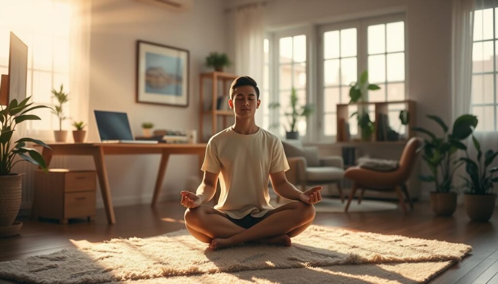 A serene home office setting, bathed in soft, natural lighting streaming through large windows. In the foreground, an introverted figure sits cross-legged on a plush rug, meditating with eyes closed, at peace amidst the balance of work and personal time. The mid-ground features a minimalist wooden desk with a laptop, a few plants, and carefully curated decor, reflecting an intentional, thoughtful approach to productivity. The background showcases a cozy living area with a comfy armchair, a bookshelf, and gentle houseplants, creating a harmonious sanctuary for relaxation and rejuvenation. The overall atmosphere conveys a sense of tranquility, focus, and a well-integrated work-life rhythm.