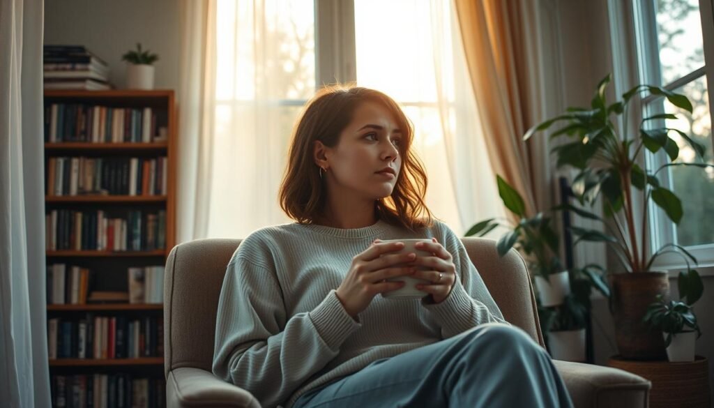A serene morning with a thoughtful introvert gazing out a large window, hands cupped around a warm mug of tea. Soft morning light filters through sheer curtains, casting a warm glow on their face. They sit in a cozy armchair, lost in contemplation, surrounded by bookshelves and potted plants that lend an air of tranquility. The mood is one of quiet introspection, as the introvert embraces the solitude and stillness of the moment, finding renewal in the simple pleasures of the morning ritual.