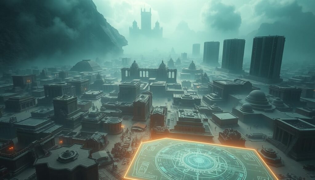 A sprawling 3D-rendered cityscape of ancient ruins and historical monuments, shrouded in a mysterious digital haze. In the foreground, a glowing holographic interface hovers, displaying intricate schematics and data visualizations of the site's architectural details and structural integrity. The middle ground features teams of digital preservationists using cutting-edge scanning and photogrammetry tools to meticulously document every nook and cranny. In the background, towering server racks and data centers loom, symbolizing the vast digital archives safeguarding the site's priceless cultural heritage. The scene is bathed in an eerie, ethereal light, conveying a sense of both technological wonder and the fragility of these endangered monuments.