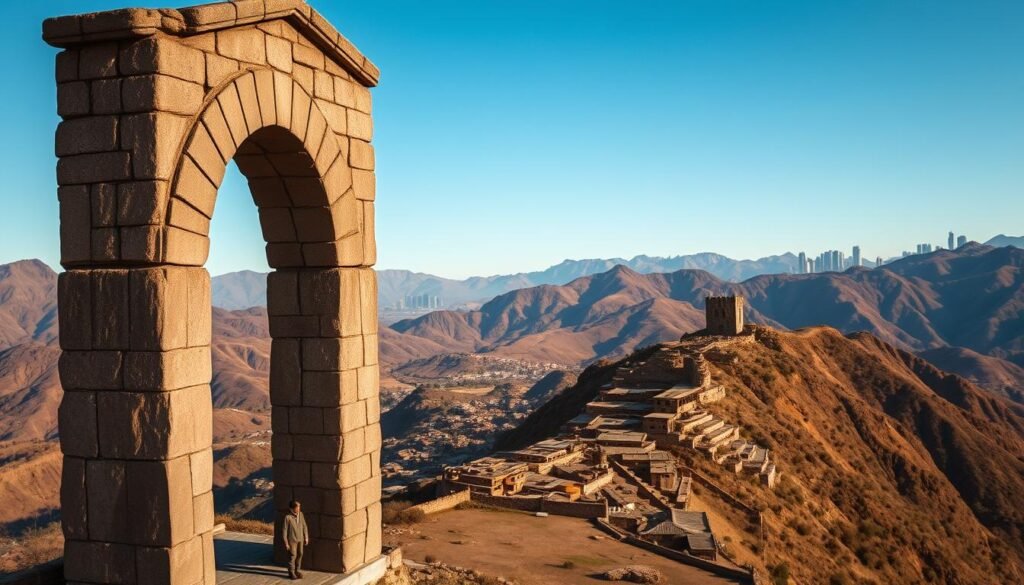A sweeping vista of the majestic Qhapaq Ñan, the ancient Andean road system, stretching across the rugged mountainous landscape. In the foreground, a towering stone archway frames the winding path, its timeless architecture a testament to the engineering prowess of the Inca civilization. Beyond, the middle ground reveals a patchwork of traditional adobe structures, their ochre hues blending seamlessly with the earth. Yet, in the distance, the skyline is punctured by the encroaching silhouettes of modern high-rises, a jarring contrast that speaks to the relentless march of urbanization and the threat it poses to this cultural heritage. The scene is bathed in warm, golden light, lending a sense of timelessness and poignancy to the tableau, as if capturing a fleeting moment before the inevitable transformation of this ancient, revered landscape.