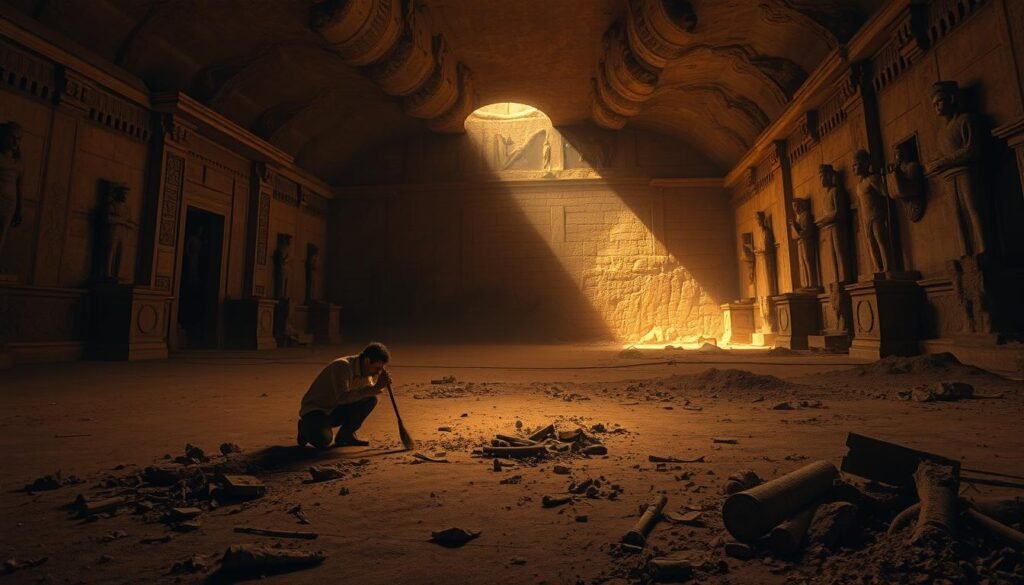 A vast underground chamber, illuminated by a warm, sepia-toned light. Intricate carvings and weathered statues adorn the walls, casting long shadows across the dusty floor. Scattered among the artifacts are shards of broken pottery and crumbling scrolls, bearing witness to the ravages of time. In the center, a solitary archaeologist kneels, carefully brushing away the dirt to uncover a forgotten treasure, a glimmer of a bygone era. The scene evokes a sense of fragility and the urgency to preserve the world's most endangered cultural heritage sites before they are lost forever.