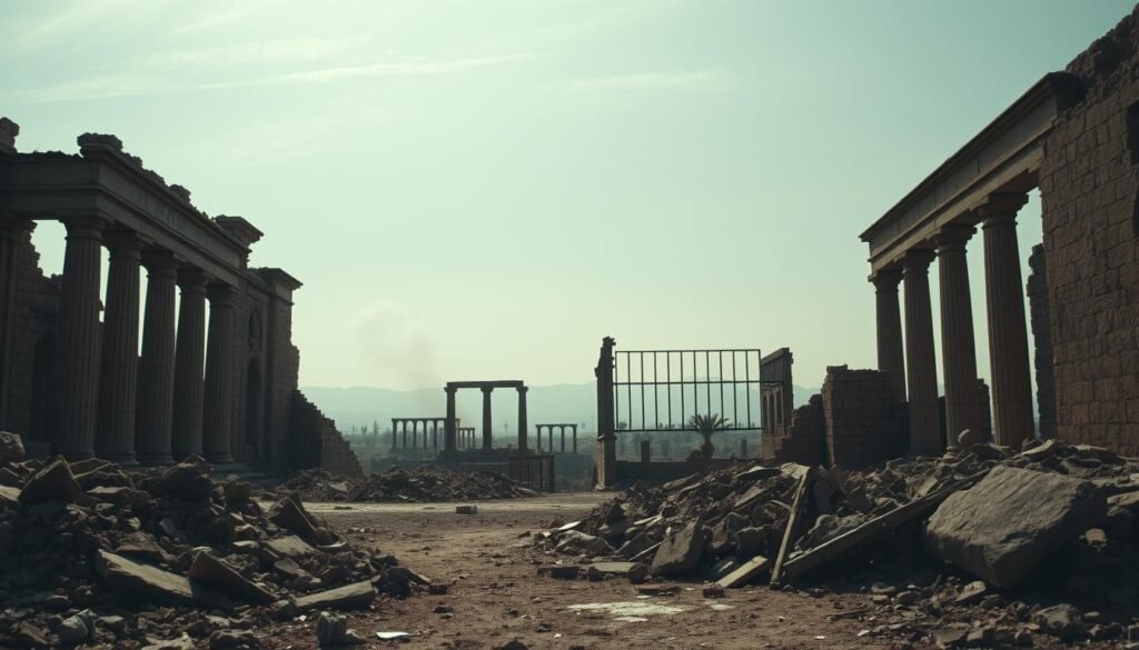 A war-ravaged cultural heritage site stands in somber ruin, its once-grand architecture crumbling under the weight of conflict. Shattered columns and fractured walls are cast in the harsh, angled light of a war-torn sky, the scene bathed in an ominous, desaturated palette. Debris and rubble litter the foreground, a testament to the destruction wrought upon this once-revered place. In the middle ground, the skeletal remains of partially collapsed structures hint at the site's former glory, while the background is obscured by a hazy, smoke-filled horizon, evoking a sense of desolation and loss. The overall atmosphere is one of melancholy and decay, a haunting reminder of the devastating toll that war can take on humanity's shared cultural heritage.